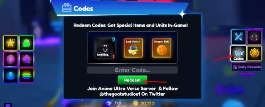 Como-resgatar-codigos-do-Anime-Ultra-Verse-Roblox